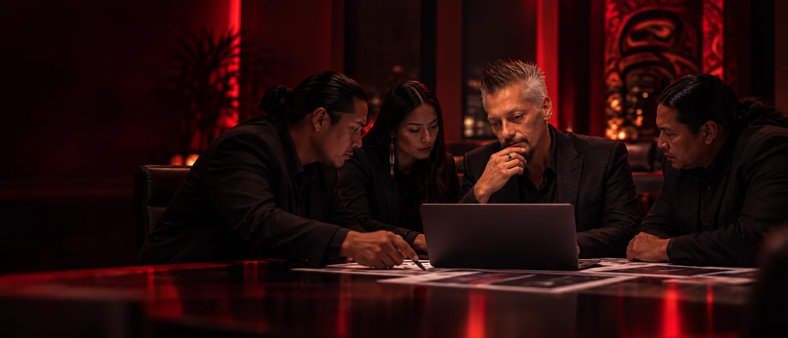 AI-generated illustration of the consultant and an Indigenous strategy team examining venture evidence