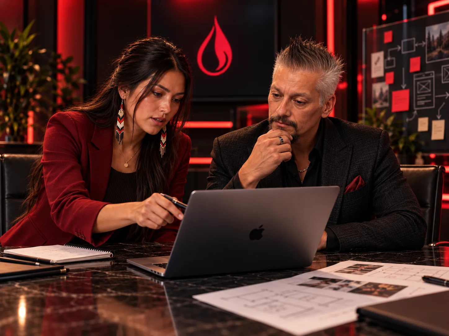 AI-generated illustration of Indigenous consultants reviewing venture evidence on a laptop